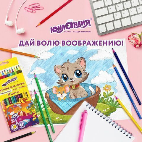 Карандаши цветные 12цв пластиковые заточенные трехгранный корпус ЮНЛАНДИЯ КАРНАВАЛ 1/12