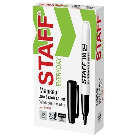 Маркер для доски черный 2,5мм тонкий корпус круглый наконечник STAFF 1/12