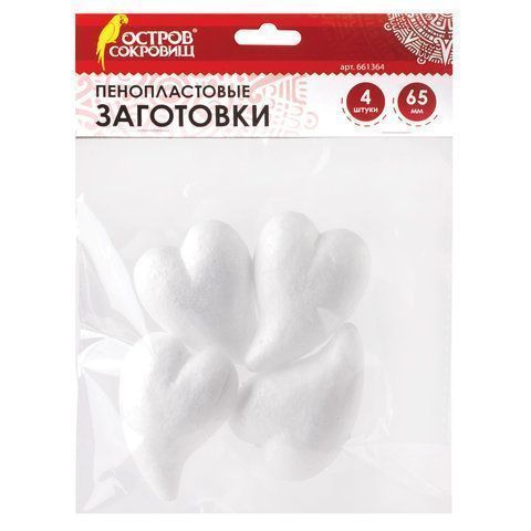 Пенопластовые заготовки для творчества СЕРДЕЧКИ-КАПЛИ, 4шт., 65мм, ОСТРОВ СОКРОВИЩ, 661364
