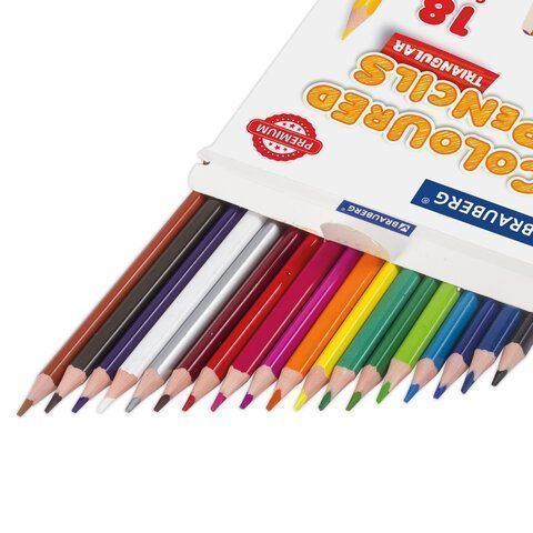 Карандаши цветные 18цв пластиковые, трехгранные, грифель мягкий 3 мм BRAUBERG PREMIUM 1/8/160