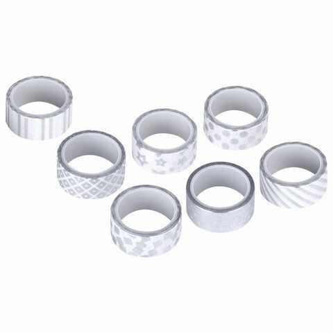 Клейкие WASHI-ленты д/декора с фольгой СЕРЕБ 15мм*3м, 7шт, рисовая бумага, ОСТРОВ СОКРОВИЩ