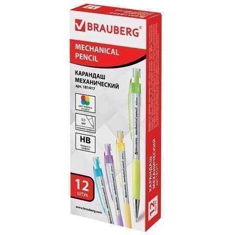 Карандаш ч/гр НВ механический 0,5мм резиновый грип, корпус ассорти BRAUBERG Elegant 1/12
