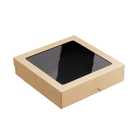 Контейнер бумажный с окном 1500мл 200х200х48мм крафт ламин черный внутри OneBox 1EA 25/150